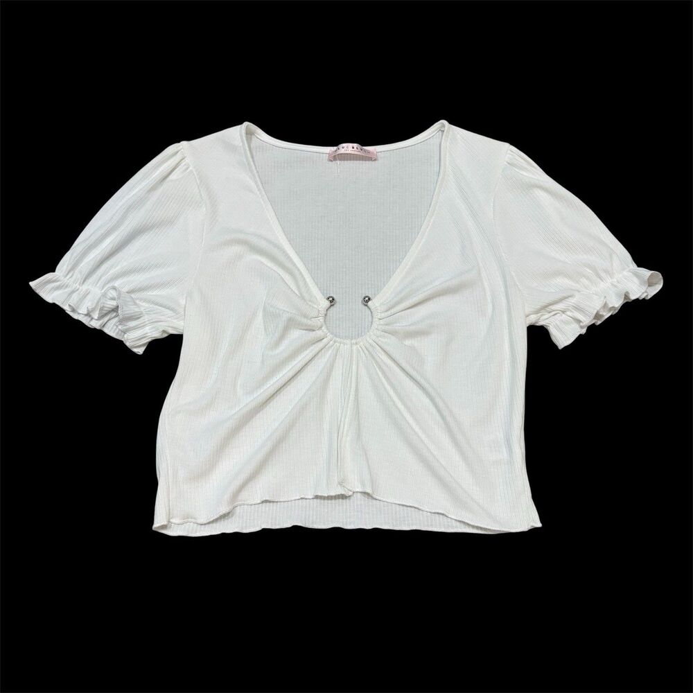 Blue Blush White Puff Sleeve Ring Top Size L